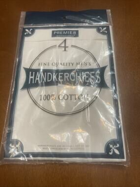 Premier International Men’s Handkerchiefs White 100% Cotton 4 In Pack New